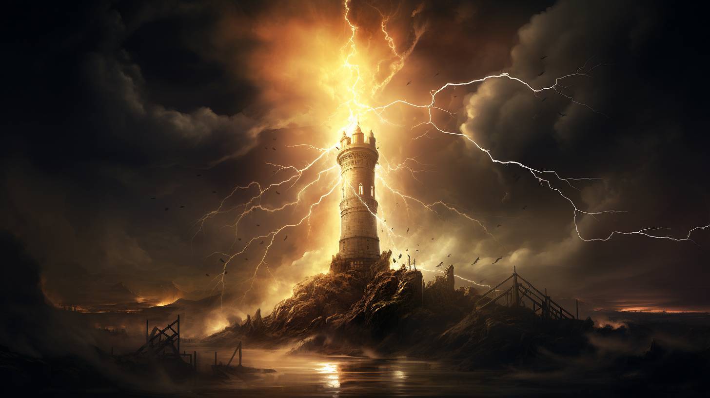 Lightning bolt striking a tall tower