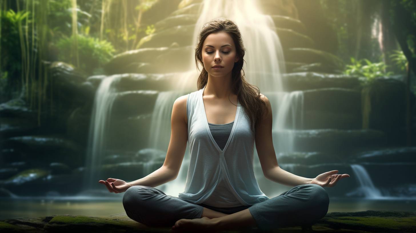 Woman meditating by waterfalls