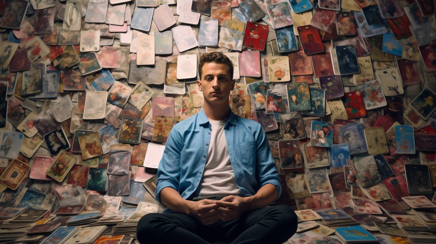 Young man meditating on tarot cards